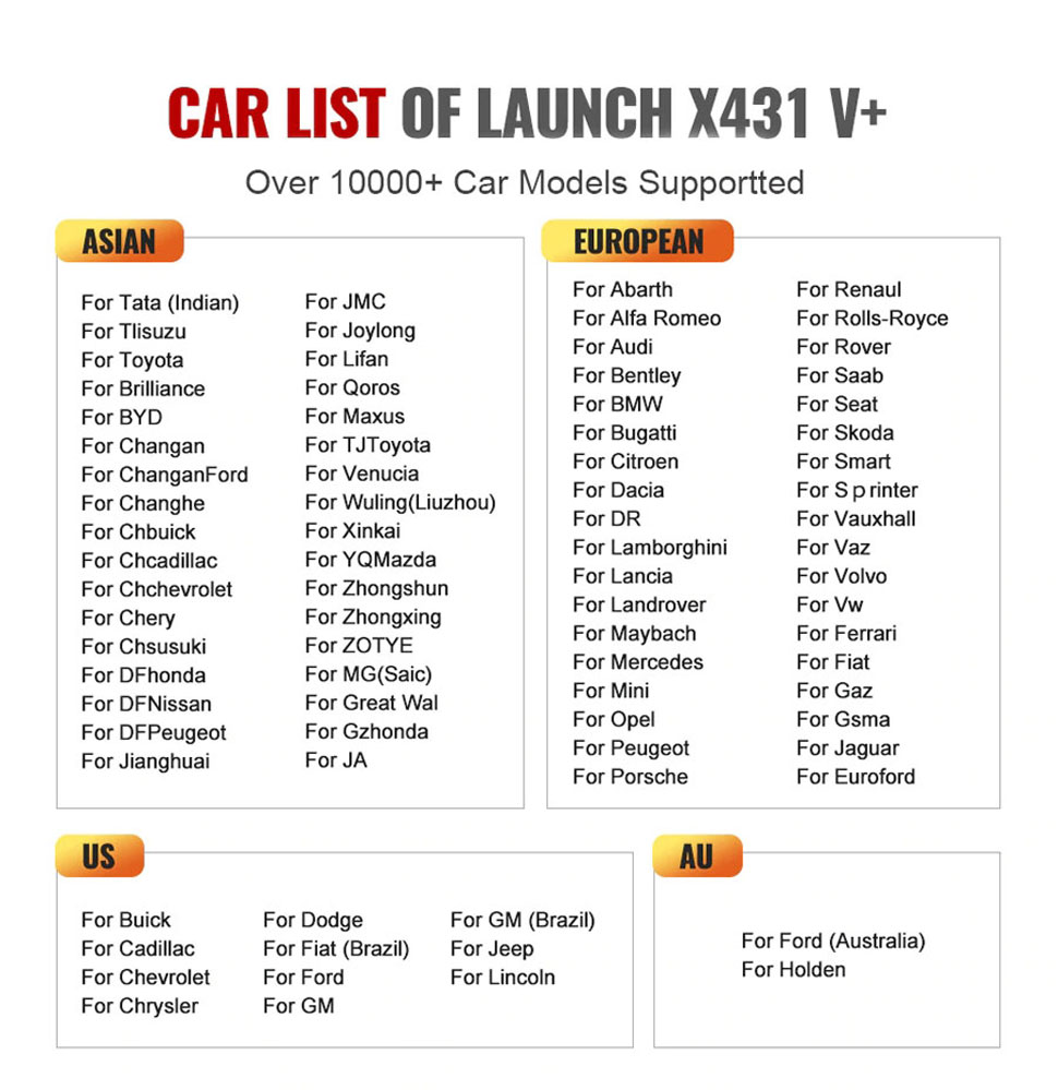X431 V+ supported vehicle