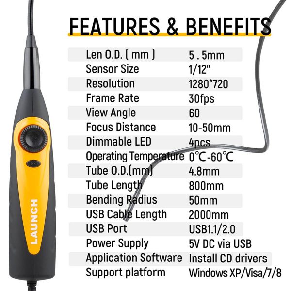 Launch VSP-600 Inspection Camera Videoscope Borescope with 7mm USB for Viewing/ Capturing Images of Hard-to-Reach Areas - Image 5