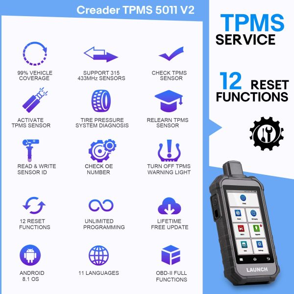 LAUNCH Creader TPMS 5011 V2 TPMS Activation and Diagnostic Tool WIFI Upgrade 12 Reset Functions Activate 315/433MHZ & 2.4Ghz Tire Pressure Sensors - Image 8